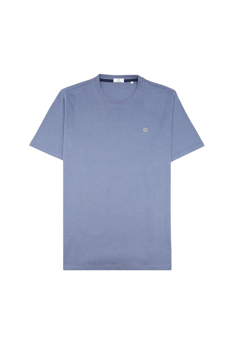T-shirt à col rond à manches courtes en bleu pastel avec un petit logo rond sur la poitrine gauche.
