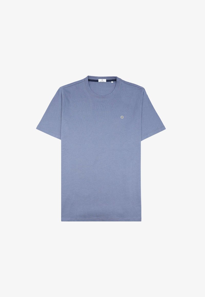 T-shirt à col rond à manches courtes en bleu pastel avec un petit logo rond sur la poitrine gauche.
