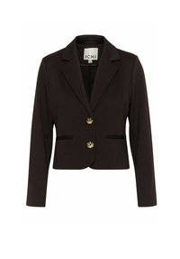 Schwarze, taillierte Blazerjacke mit Revers, zwei goldenen Knöpfen und seitlichen Taschen. Aus glattem Stoff mit maßgeschneidertem, strukturiertem Design gefertigt.