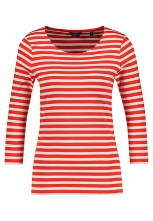 Chemise à manches longues rayée horizontale rouge et blanche, col rond, taille moyenne, coupe décontractée.