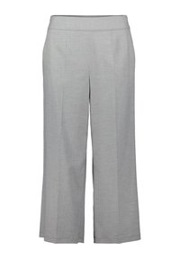 Szare spodnie szerokie wykonane z gładkiej, teksturowanej tkaniny, z płaskim przodem, subtelnymi plisami i wygodnym pasem.