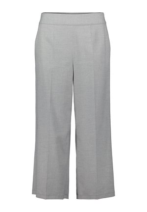 Pantaloni larghi grigi realizzati con un tessuto liscio e strutturato, caratterizzati da una parte anteriore piatta, pieghe sottili e una vita comoda.