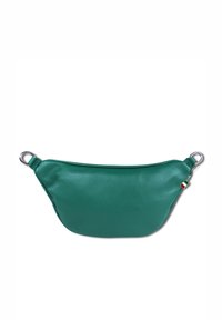 Groene leren tas met een soepele textuur, gebogen vorm en zilveren hardware. Bevat een klein accent van de Italiaanse vlag aan de zijkant.