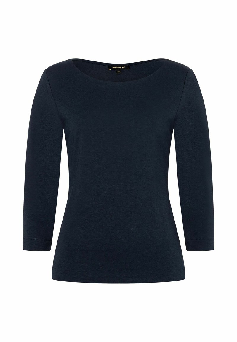 Marineblaue, langärmlige Bluse mit Rundhalsausschnitt. Aus glattem, leichtem Stoff gefertigt. Schlichtes Design ohne sichtbare Muster oder Verzierungen.