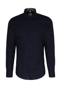 Hemd in Marineblau aus glattem Stoff mit einem gemusterten Innenkragen, klassischer Schnitt, langen Ärmeln und abgerundetem Saum.