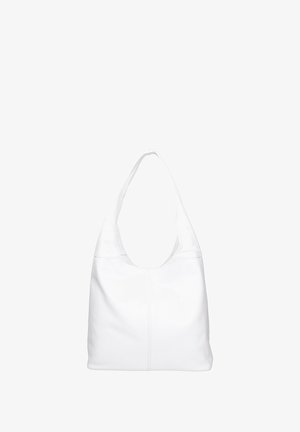Witte leren schoudertas met een gebogen bovenhandvat, zachte, gestructureerde afwerking en centrale stikseldetails. Ruimtelijk en slonzige ontwerp.