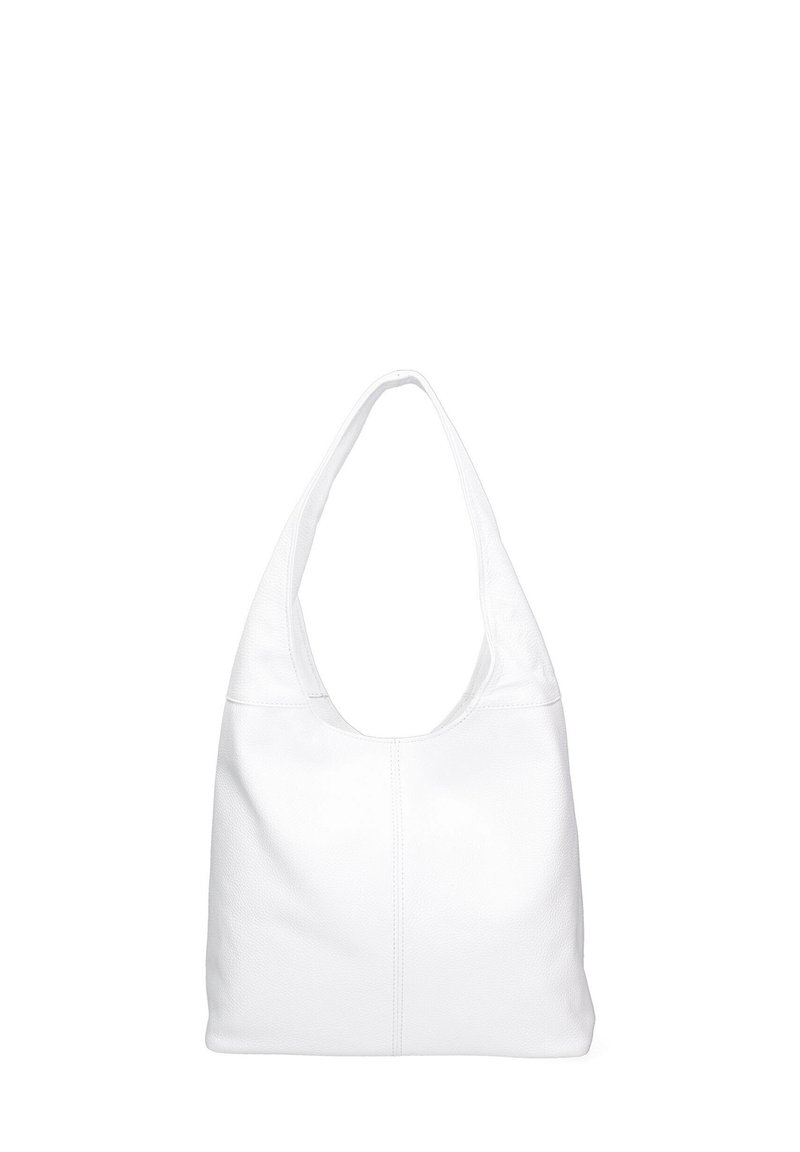 Witte leren schoudertas met een gebogen bovenhandvat, zachte, gestructureerde afwerking en centrale stikseldetails. Ruimtelijk en slonzige ontwerp.
