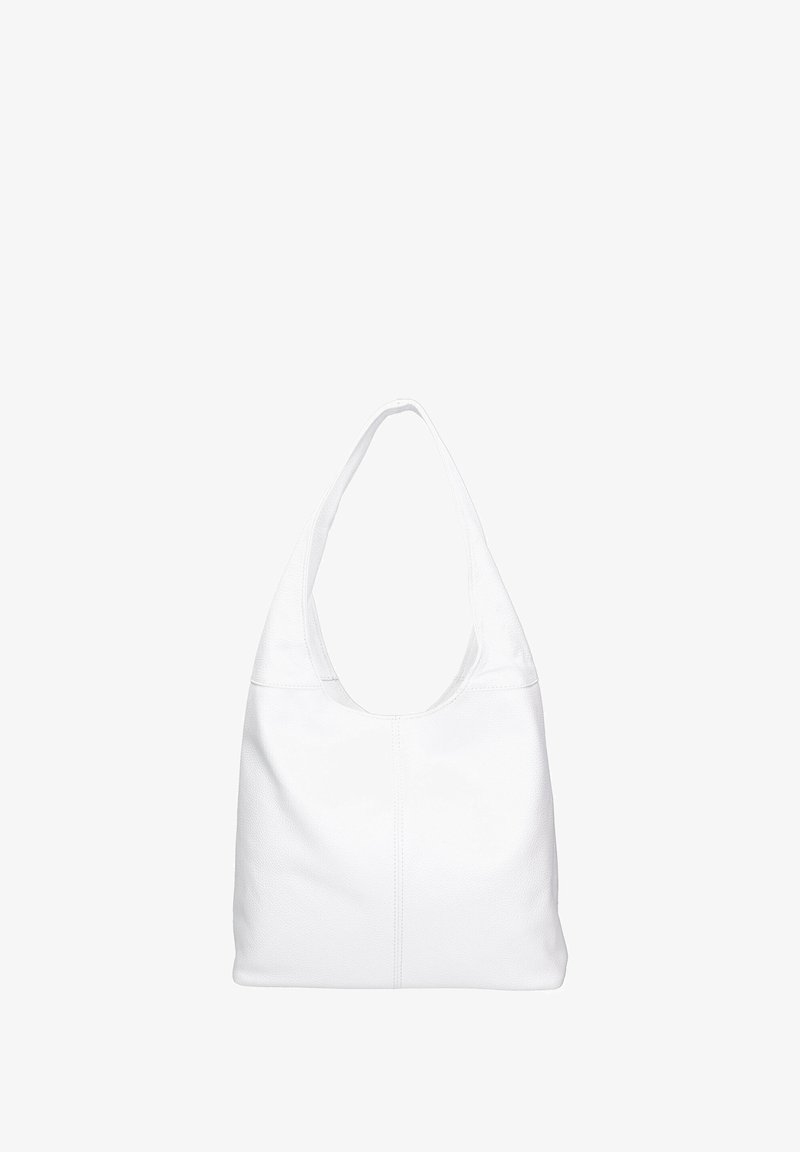 Witte leren schoudertas met een gebogen bovenhandvat, zachte, gestructureerde afwerking en centrale stikseldetails. Ruimtelijk en slonzige ontwerp.