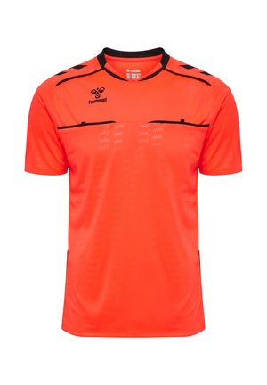 Helles orange Sporttrikot mit schwarzen Akzenten, kurzen Ärmeln und Rundhalsausschnitt. Aus leichtem, atmungsaktivem Material mit subtilen Musterdetails gefertigt.