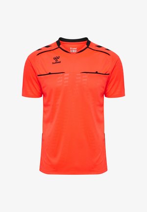 Helder oranje sportshirt met zwarte accenten, korte mouwen en een ronde hals. Van lichtgewicht, ademend materiaal en subtiele patroon details.