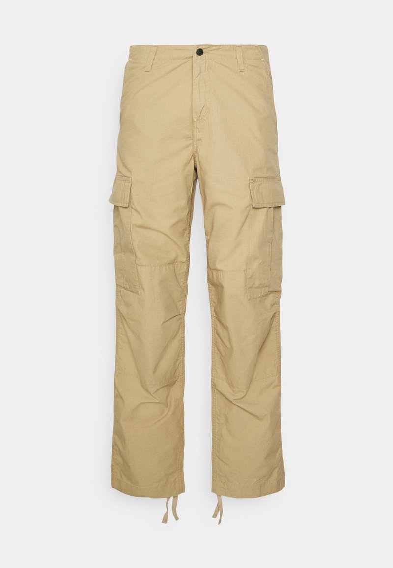 Khaki cargo kalhoty s volným střihem, vybavené dvěma velkými bočními kapsami, knoflíkovým zapínáním a nastavitelnými šňůrkovými lemy. Odolná textilie.