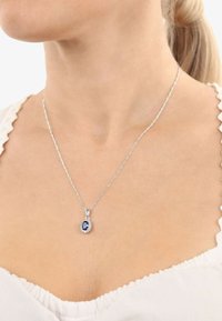 Collana d'argento con pendente ovale di pietra blu, circondato da piccole pietre trasparenti. La catena è attorcigliata e delicata.
