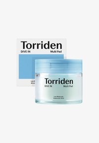 Torriden Multi Pad krukke med lyseblå låg, gennemsigtig krop; æsken har hvid baggrund og blå accent med fed sort tekst.