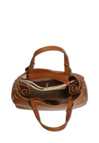 Bruine leren handtas met twee handvaten, een gestructureerd oppervlak en een interieur met een ritszak en een beige voering.