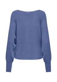 Maglione in maglia a coste blu con ampio scollo a barca, vestibilità ampia e maniche lunghe rastremate. La trama presenta strisce orizzontali su tutta la superficie.