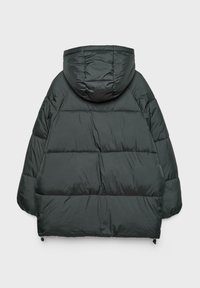 Giacca a vento nera con cappuccio, caratterizzata da un design trapuntato, orlo elasticizzato e toggle regolabili. Materiale liscio e impermeabile.