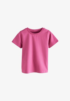 Tricou roz din bumbac cu mânecă scurtă, guler rotund și o textură netedă, având un design simplu fără niciun model sau accente.