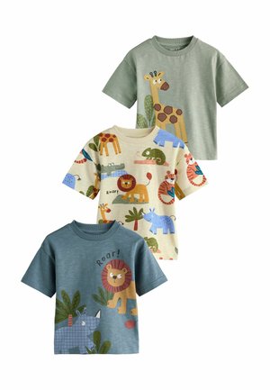 Three short-sleeve t-shirts in green, beige, and blue, featuring animal graphics including a giraffe, lion, and rhinoceros. Cotton material.