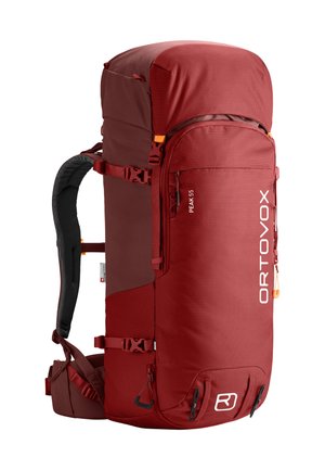 Roter Nylon-Rucksack mit großem oberen Fach, seitlichem Reißverschluss, verstellbaren Trägern und gepolsterter Rückseite. Verfügt über eine Netzstruktur und externe Taschen.