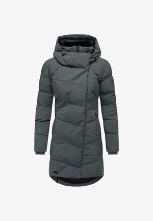 Een gewatteerde jas in donkergrijs met een geometrisch quiltontwerp, een hoge capuchon en een zijrits. Voorzien van elastische manchetten en een gebogen zoom.