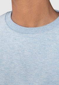 Maglione azzurro chiaro a collo rotondo, realizzato in un morbido tessuto testurizzato, con un collo a costine. Design semplice e casual con sottili variazioni di colore.