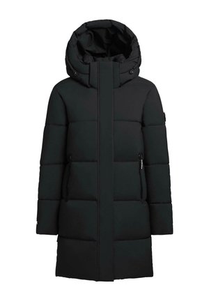 Musta puhvitakki korkealla kauluksella ja irrotettavalla hupulla. Sisältää vaakasuoria tikattuja osia, kaksi sivutaskua ja edessä vetoketjun.