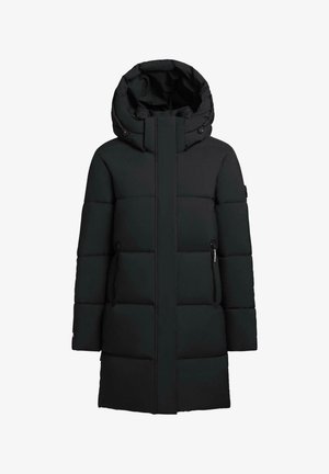 Abrigo de plumas negro con cuello alto y capucha desmontable. Presenta secciones acolchadas en horizontal, dos bolsillos laterales y una cremallera frontal.