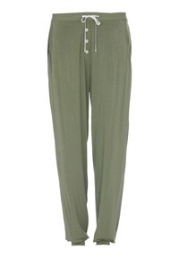 Olijfgroene broek van zachte stof, met een elastische tailleband, knoopsluiting en zijzakken. Loose fit ontwerp.