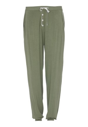 Olijfgroene broek van zachte stof, met een elastische tailleband, knoopsluiting en zijzakken. Loose fit ontwerp.