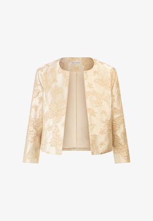 Beige Jacke mit floralem und Schmetterlings-Stickdesign, taillierter Schnitt, offener Vorderseite und langen Ärmeln sowie einer glatten Textur.