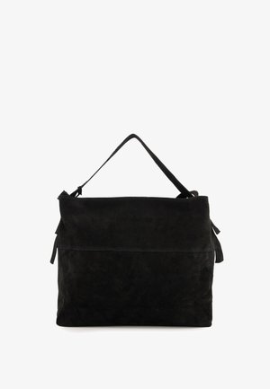 Black suede handbag with a single top handle, featuring a smooth texture and a horizontal seam across the front. Two side tassels.