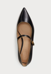 Black leather flat with a pointed toe, gold accent on the trim, and a stylish strap across the upper. Smooth texture and cushioned insole.