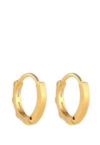 Boucles d'oreilles en or avec une finition polie, ornées d'accents en pierres précieuses transparentes et dotées d'un design à charnière pour un enfilage facile.