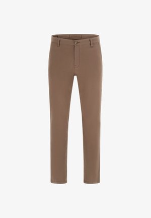 Braune Slim-Fit-Hose mit Gürtelschlaufen, Knopfverschluss und Vordertaschen, präsentiert auf weißem Hintergrund.