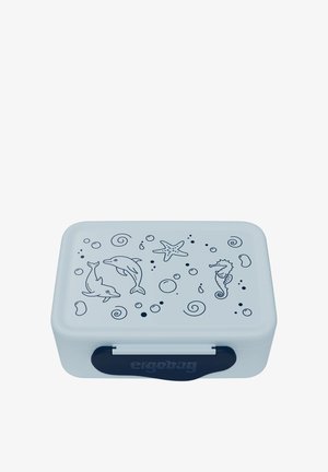 Helles blaues rechteckiges Lunchbox mit einem dunkelblauen Deckel. Illustriert mit Delfinen, Seepferdchen und einem Seestern. Verfügt über abgerundete Kanten.