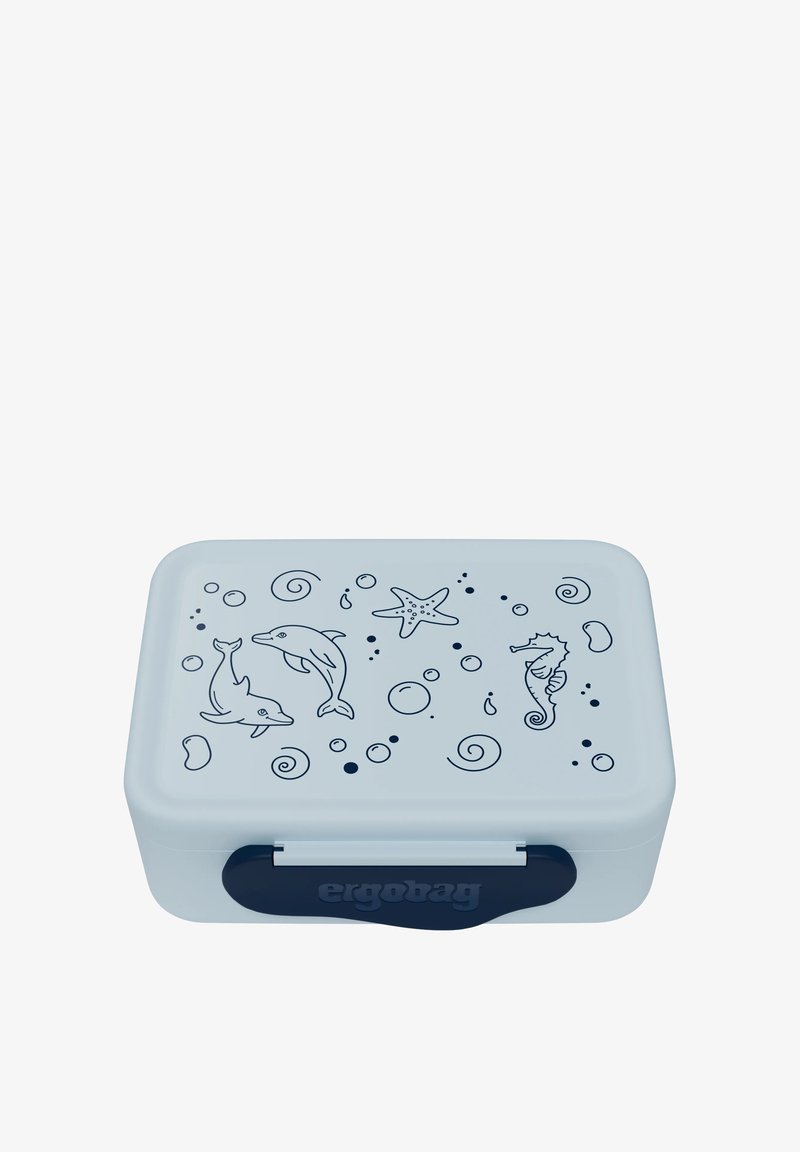 Helles blaues rechteckiges Lunchbox mit einem dunkelblauen Deckel. Illustriert mit Delfinen, Seepferdchen und einem Seestern. Verfügt über abgerundete Kanten.