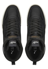Black leather high-top sneakers with textured accents, perforated sides, and a white outsole. Puma logo on tongue and heel.