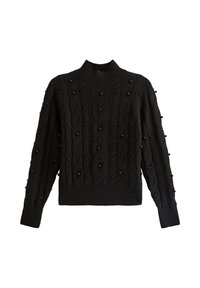 Maglione nero a maglia con colletto alto, caratterizzato da un motivo a treccia e piccoli accenti di perline nere sparse sulle maniche. Stile attillato, maniche lunghe.