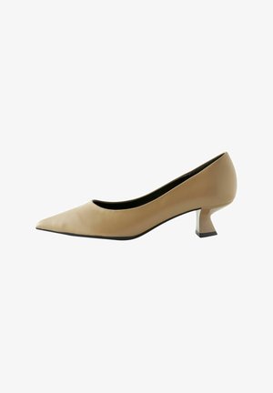 Escarpin en cuir beige avec un bout pointu et un talon courbé. Présente un talon bloc transparent avec une base noire et une surface lisse.