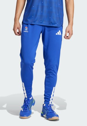 Blaue Sporthosen aus flexiblem Stoff, mit weißen Seitenstreifen und einem Adidas-Logo. Glatte Textur und tailliertes Design.