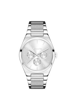 Silberne Edelstahl-Armbanduhr mit flachem, rundem Zifferblatt, drei Subdials und einem polierten Gliederarmband. Minimalistisches Design mit Stundenmarkierungen.