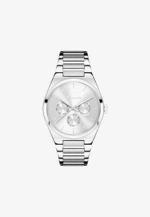 Silberne Edelstahl-Armbanduhr mit flachem, rundem Zifferblatt, drei Subdials und einem polierten Gliederarmband. Minimalistisches Design mit Stundenmarkierungen.