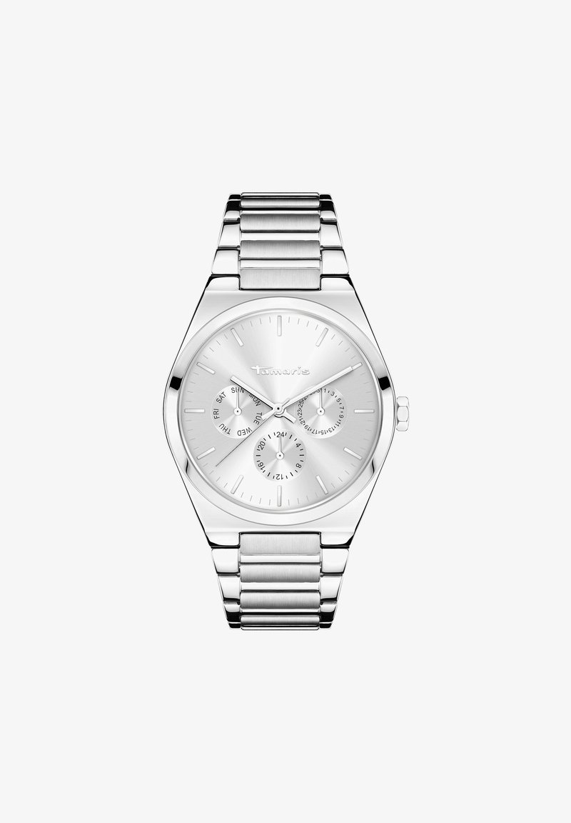 Silberne Edelstahl-Armbanduhr mit flachem, rundem Zifferblatt, drei Subdials und einem polierten Gliederarmband. Minimalistisches Design mit Stundenmarkierungen.