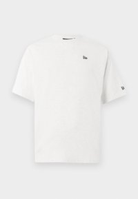 White cotton t-shirt featuring short sleeves, a crew neck, and a small black logo on the left chest and right sleeve.