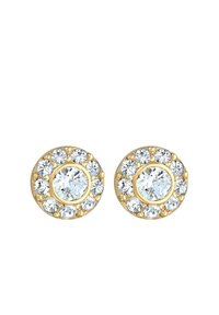 Auksinės tonacijos auskarai stud, turintys apvalią formą, puošti skaidriais kristalais, išdėstytais aplink centrą akmenį.