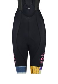 Zwarte fietsshorts met bretels. Voorzien van een gepolsterde zitting voor comfort. Accenten zijn kleurrijke patronen aan de onderkant en merkname in het roze.