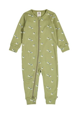 Grøn langærmet babyheldragt med blå og hvide hundetryk og en lynlåslukning foran, der går fra halsen til benet.