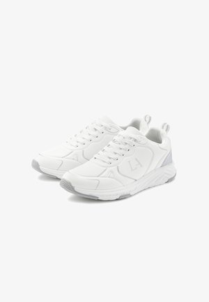 White athletic shoes with a smooth synthetic upper, lace closure, textured accents, and gray detailing on the sole and heel.