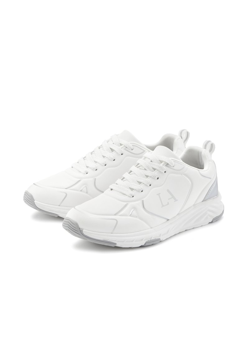 White athletic shoes with a smooth synthetic upper, lace closure, textured accents, and gray detailing on the sole and heel.