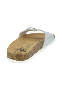 Silver slide sandal with cork footbed and white rubber sole. Includes an adjustable buckle strap and smooth upper texture.